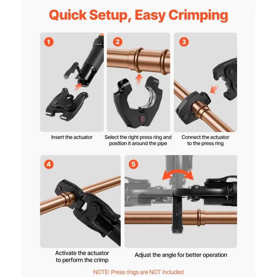 VEVOR Press Actuator for 24KN Compact Series Press Tools, Works with 1/2", 3/4", 1" & 1-1/4" Press Rings - Compatible with ProPress Copper Pipes (Ring NOT Included)