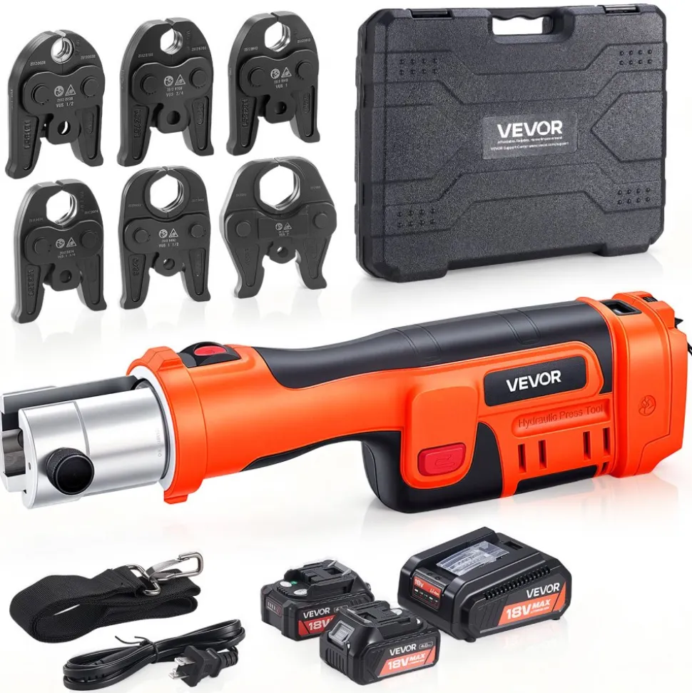 VEVOR Press Tool, 18V Electric Crimping Tool for 1/2", 3/4", 1", 1-1/4", 1-1/2", 2" Copper Pipes, 32KN Press Tool Compatible with ProPress - with 6 VUS Jaws, 2PCS 4AH Batteries, Charger & Toolbox