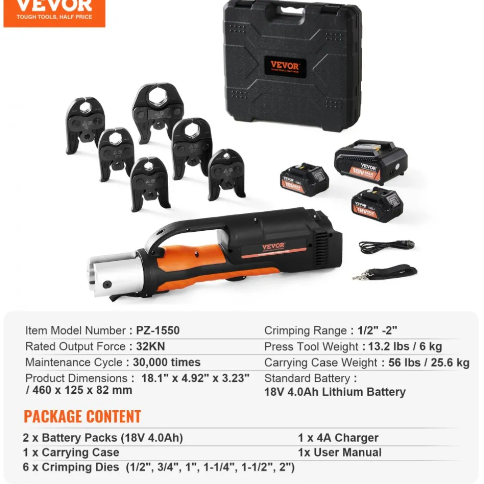 VEVOR Press Tool, 18V Electric Pipe Crimping Tool for 1/2" to 2" Copper Pipes, 32KN Press Tool Kit Compatible with ProPress - with 6 VUS Press Jaws, 2pcs 4AH Battery, Fast Charger & Carrying Case