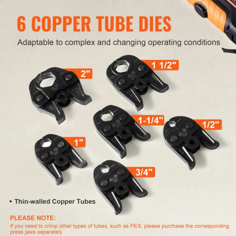 VEVOR Press Tool, 18V Electric Pipe Crimping Tool for 1/2" to 2" Copper Pipes, 32KN Press Tool Kit Compatible with ProPress - with 6 VUS Press Jaws, 2pcs 4AH Battery, Fast Charger & Carrying Case
