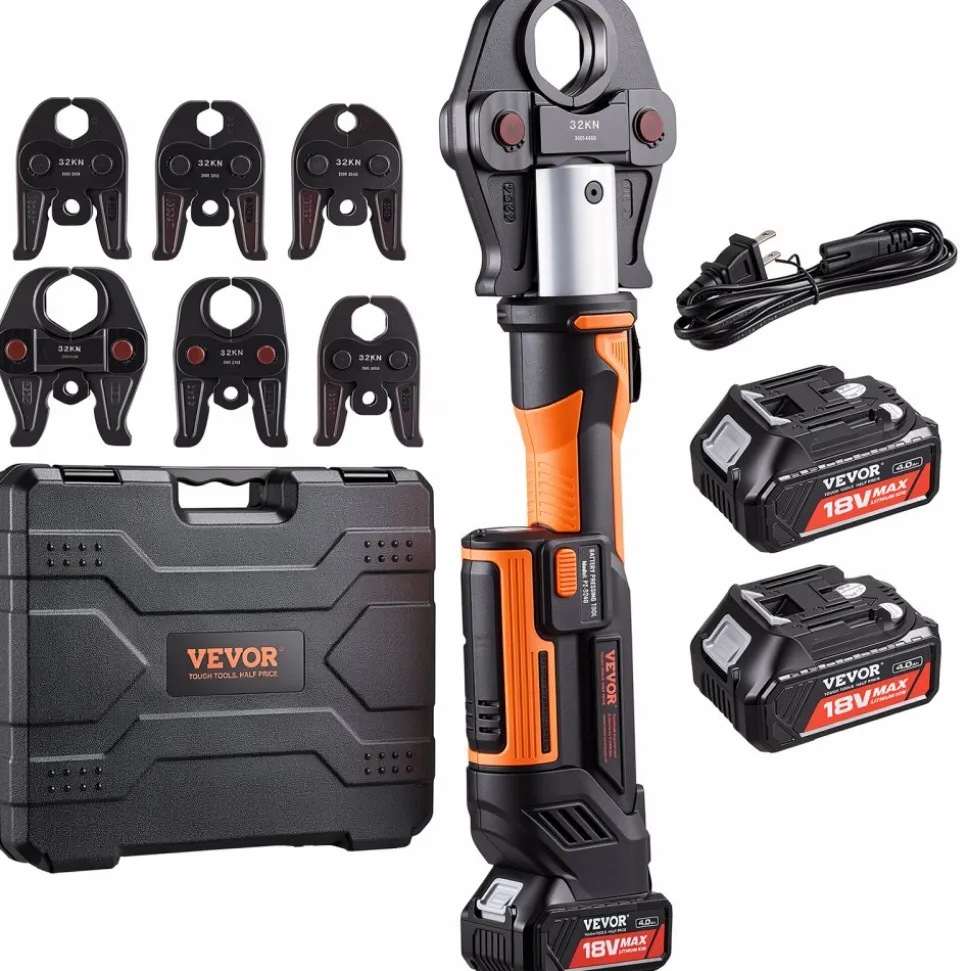VEVOR Press Tool, 18V Electric Pipe Crimping Tool for 1/2”, 3/4”, 1”, 1 1/4", 1 1/2", 2" Copper Pipes, 32KN Press Tool Kit Compatible with ProPress - with Brushless Motor, 6 VUS Jaws, 2pcs 4AH Battery