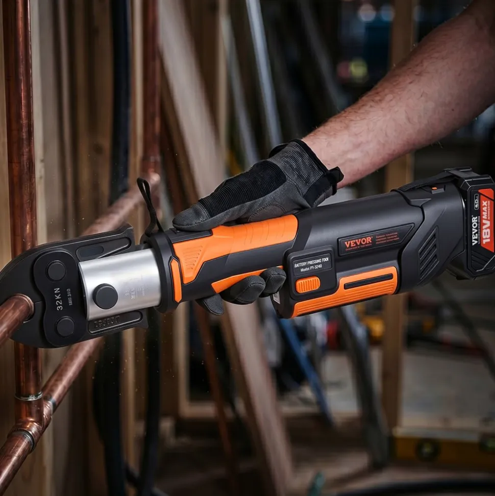 VEVOR Press Tool, 18V Electric Pipe Crimping Tool for 1/2”, 3/4”, 1”, 1 1/4", 1 1/2", 2" Copper Pipes, 32KN Press Tool Kit Compatible with ProPress - with Brushless Motor, 6 VUS Jaws, 2pcs 4AH Battery