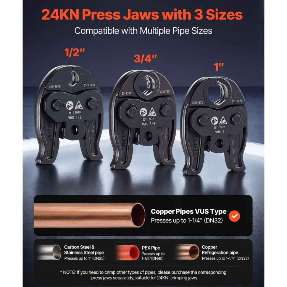 VEVOR Press Tool, 18V Electric Pipe Crimping Tool for 1/2", 3/4", 1" Copper Pipes, 24KN Press Tool Kit Compatible with ProPress - with 3 Press Jaws, 2pcs 18V 2AH Battery, Fast Charger & Carrying Case
