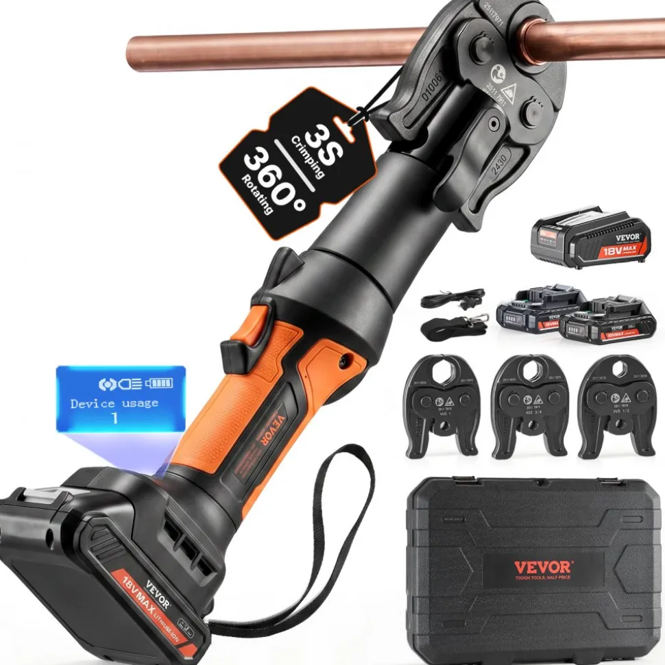 VEVOR Press Tool, 18V Electric Pipe Crimping Tool for 1/2", 3/4", 1" Copper Pipes, 24KN Press Tool Kit Compatible with ProPress - with 3 Press Jaws, 2pcs 18V 2AH Battery, Fast Charger & Carrying Case