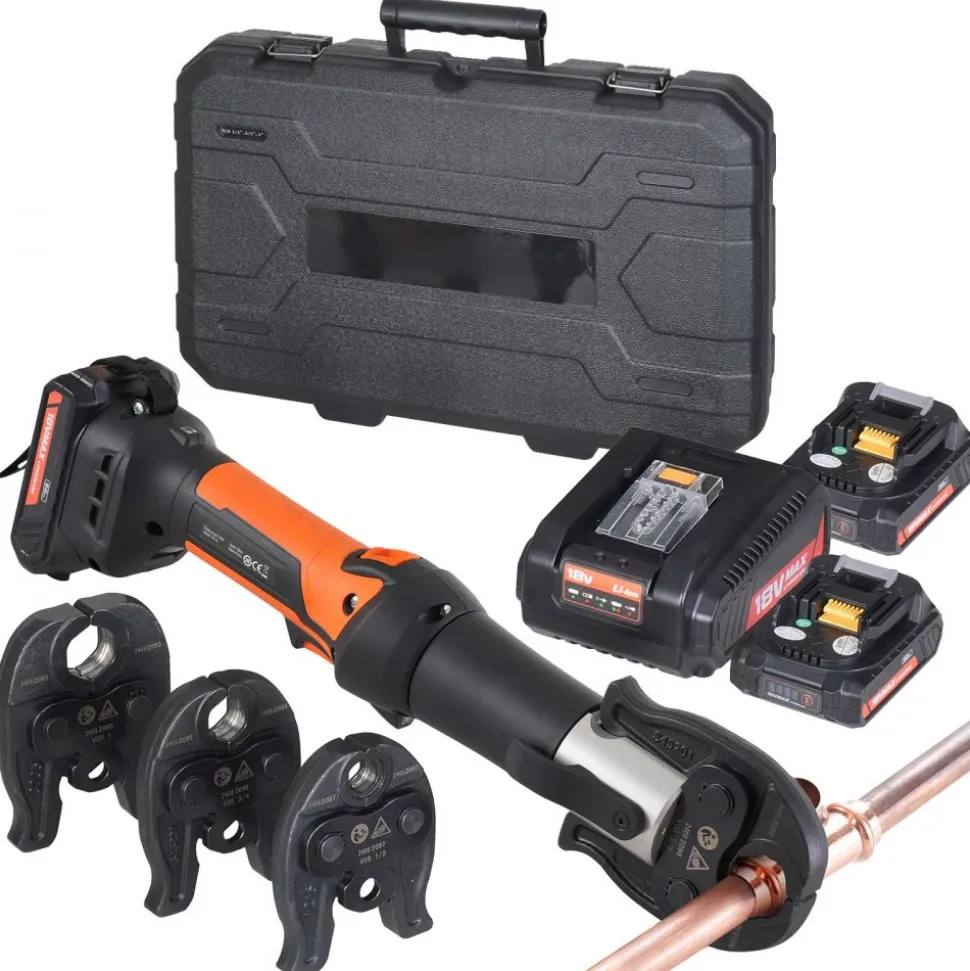 VEVOR Press Tool, 18V Electric Pipe Crimping Tool for 1/2", 3/4", 1" Copper Pipes, 24KN Press Tool Kit Compatible with ProPress - with 3 Press Jaws, 2pcs 18V 2AH Battery, Fast Charger & Carrying Case