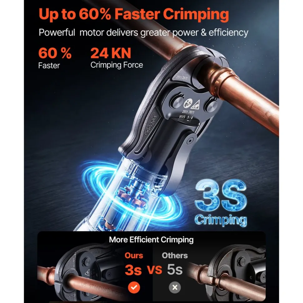 VEVOR Press Tool, 18V Electric Pipe Crimping Tool for 1/2", 3/4", 1" Copper Pipes, 24KN Press Tool Kit Compatible with ProPress - with 3 Press Jaws, 2pcs 18V 2AH Battery, Fast Charger & Carrying Case