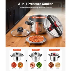 VEVOR Pressure Cooker, 10Qt Pressure Cooker Stainless Steel, Pressures Canner with Steaming Rack, Tempered Glass Lid, Three Pressures Settings for Meat, Beans, Rice, Soup, Sauces, Cook up to 100 kPa