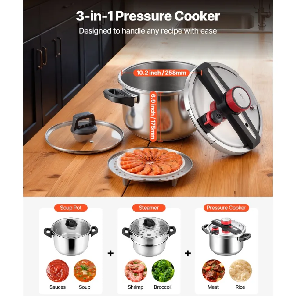 VEVOR Pressure Cooker, 10Qt Pressure Cooker Stainless Steel, Pressures Canner with Steaming Rack, Tempered Glass Lid, Three Pressures Settings for Meat, Beans, Rice, Soup, Sauces, Cook up to 100 kPa