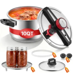 VEVOR Pressure Cooker, 10Qt Pressure Cooker Stainless Steel, Pressures Canner with Steaming Rack, Tempered Glass Lid, Three Pressures Settings for Meat, Beans, Rice, Soup, Sauces, Cook up to 100 kPa