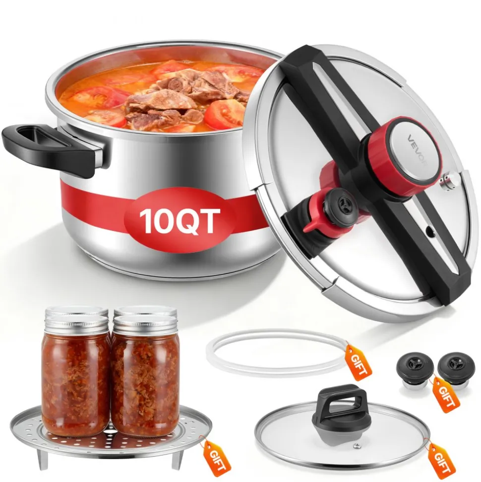 VEVOR Pressure Cooker, 10Qt Pressure Cooker Stainless Steel, Pressures Canner with Steaming Rack, Tempered Glass Lid, Three Pressures Settings for Meat, Beans, Rice, Soup, Sauces, Cook up to 100 kPa