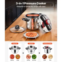 VEVOR Pressure Cooker, 8Qt Pressure Cooker Stainless Steel, Pressures Canner with Steaming Rack, Tempered Glass Lid, Three Pressures Settings for Meat, Beans, Rice, Soup, Sauces, Cook up to 100 kPa