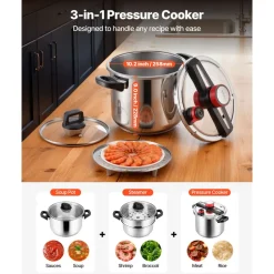 VEVOR Pressure Cooker, 12Qt Pressure Cooker Stainless Steel, Pressures Canner with Steaming Rack, Tempered Glass Lid, Three Pressures Settings for Meat, Beans, Rice, Soup, Sauces, Cook up to 100 kPa