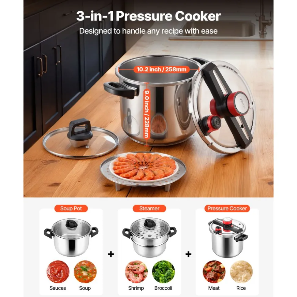 VEVOR Pressure Cooker, 12Qt Pressure Cooker Stainless Steel, Pressures Canner with Steaming Rack, Tempered Glass Lid, Three Pressures Settings for Meat, Beans, Rice, Soup, Sauces, Cook up to 100 kPa
