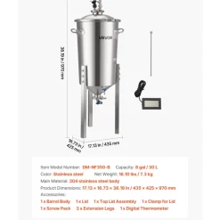 VEVOR Pressure Fermenter 15 PSI, 8 Gal/30L All-in-One Stainless Steel Conical Secondary Fermentation Bucket, for Wine, Beer Brewing Equipment