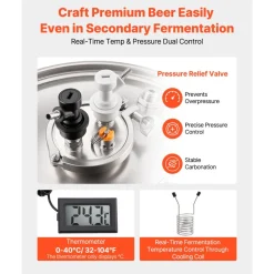 VEVOR Pressure Fermenter 15 PSI, 16 Gal/60L All-in-One Stainless Steel Conical Secondary Fermentation Bucket, with Cooling Tube, Yeast Slurry Collection Bottle, for Wine, Beer Brewing Equipment