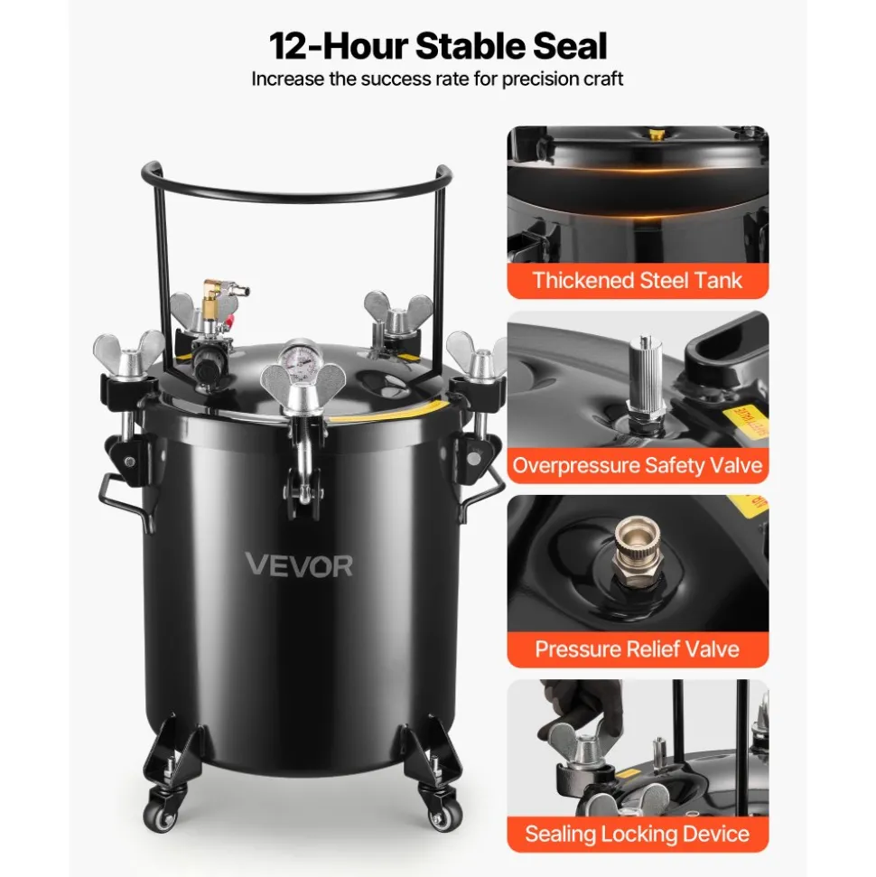 VEVOR Pressure Pot Tank, 10.6 Gal/40 L Heavy Duty Steel Air Tool Pressure Pot, Pressures Pots with Three Quick-Connect Couplers for Home Use, DIY, Art Creations, Large-Diameter Tank