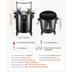 VEVOR Pressure Pot Tank, 10.6 Gal/40 L Heavy Duty Steel Air Tool Pressure Pot, Pressures Pots with Three Quick-Connect Couplers for Home Use, DIY, Art Creations, Large-Diameter Tank