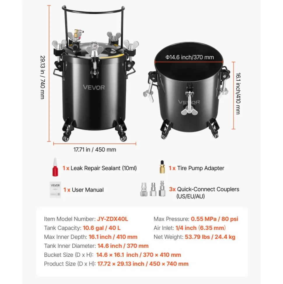 VEVOR Pressure Pot Tank, 10.6 Gal/40 L Heavy Duty Steel Air Tool Pressure Pot, Pressures Pots with Three Quick-Connect Couplers for Home Use, DIY, Art Creations, Large-Diameter Tank