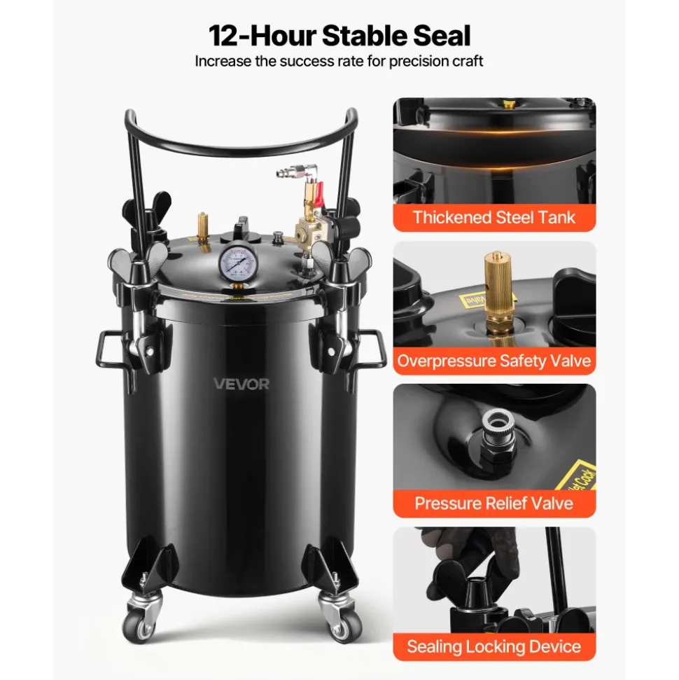 VEVOR Pressure Pot tank, 7.9 Gal/30 L Heavy Duty Steel Air Tool Pressure Pot, Pressures Pots with Three Quick-Connect Couplers for Home Use, DIY, Art Creations, Large-Diameter Tank