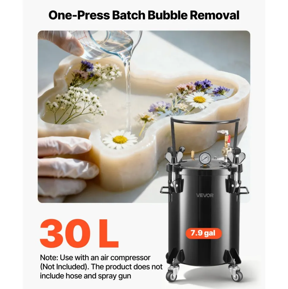VEVOR Pressure Pot tank, 7.9 Gal/30 L Heavy Duty Steel Air Tool Pressure Pot, Pressures Pots with Three Quick-Connect Couplers for Home Use, DIY, Art Creations, Large-Diameter Tank