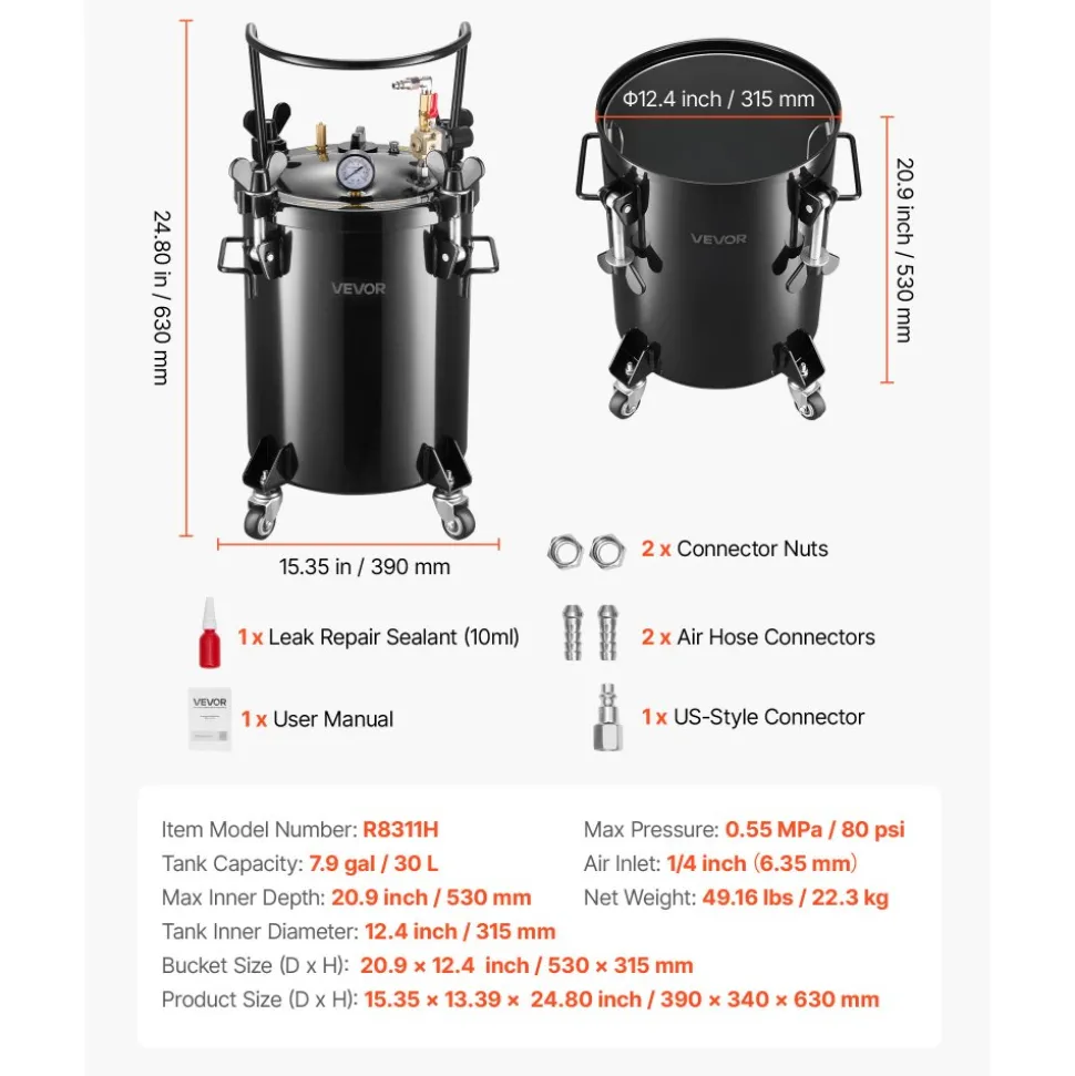 VEVOR Pressure Pot tank, 7.9 Gal/30 L Heavy Duty Steel Air Tool Pressure Pot, Pressures Pots with Three Quick-Connect Couplers for Home Use, DIY, Art Creations, Large-Diameter Tank