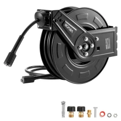 VEVOR Pressure Washer Hose Reel, 60 ft x 1/4 inch Retractable Power Heavy-Duty Steel Washer Hose Reel, 4000PSI Max, Auto-Rewinding, Flexible Wall/Floor Mounted for Car Washing,Garden,Floor Cleaning