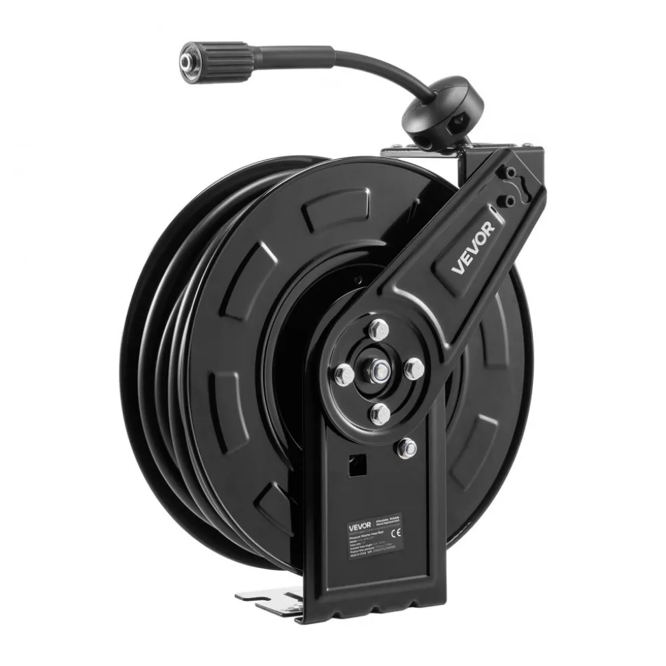 VEVOR Pressure Washer Hose Reel, 60 ft x 1/4 inch Retractable Power Heavy-Duty Steel Washer Hose Reel, 4000PSI Max, Auto-Rewinding, Flexible Wall/Floor Mounted for Car Washing,Garden,Floor Cleaning