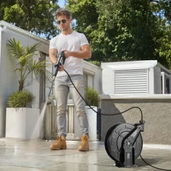 VEVOR Pressure Washer Hose Reel, 50 ft x 3/8 inch Retractable Power Heavy-Duty Steel Washer Hose Reel, 4000PSI Max, Auto-Rewinding, Flexible Wall/Floor Mounted for Car Washing,Garden,Floor Cleaning