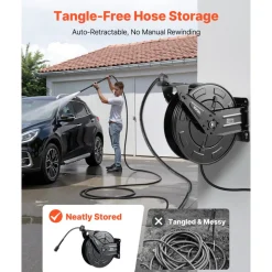 VEVOR Pressure Washer Hose Reel, 50 ft x 3/8 inch Retractable Power Heavy-Duty Steel Washer Hose Reel, 4000PSI Max, Auto-Rewinding, Flexible Wall/Floor Mounted for Car Washing,Garden,Floor Cleaning