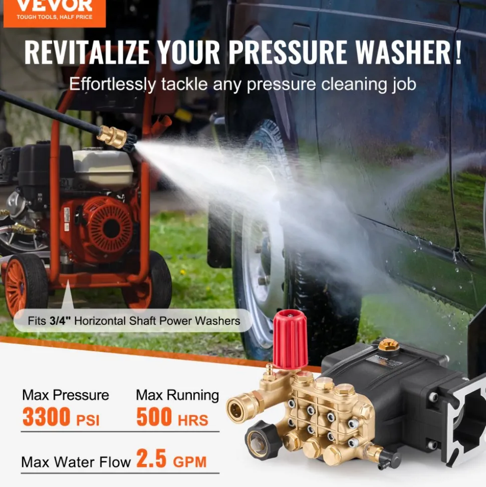 VEVOR Pressure Washer Pump, 3/4" Shaft Horizontal Triplex Plunger, 3300 PSI, 2.5GPM, Replacement Power Washer Pumps Kit with 5 Nozzles, Compatible with Simpson MorFlex 40224, 40225, 40226, Santoprene