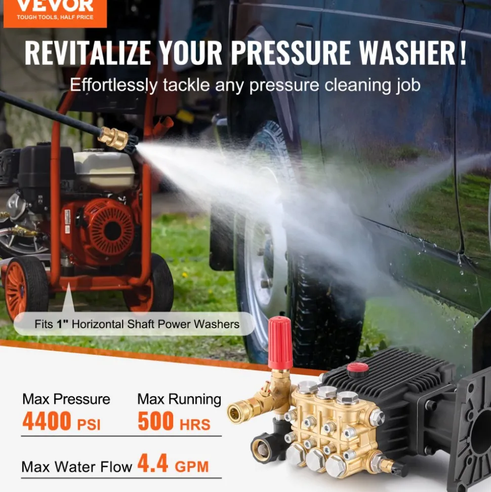 VEVOR Pressure Washer Pump, 3/4" Shaft Horizontal Triplex Plunger, 3700 PSI, 2.5 GPM, Replacement Power Washer Pumps Kit, Parts Washer Pump, Compatible with Simpson MorFlex Models 40224, 40225, 40226