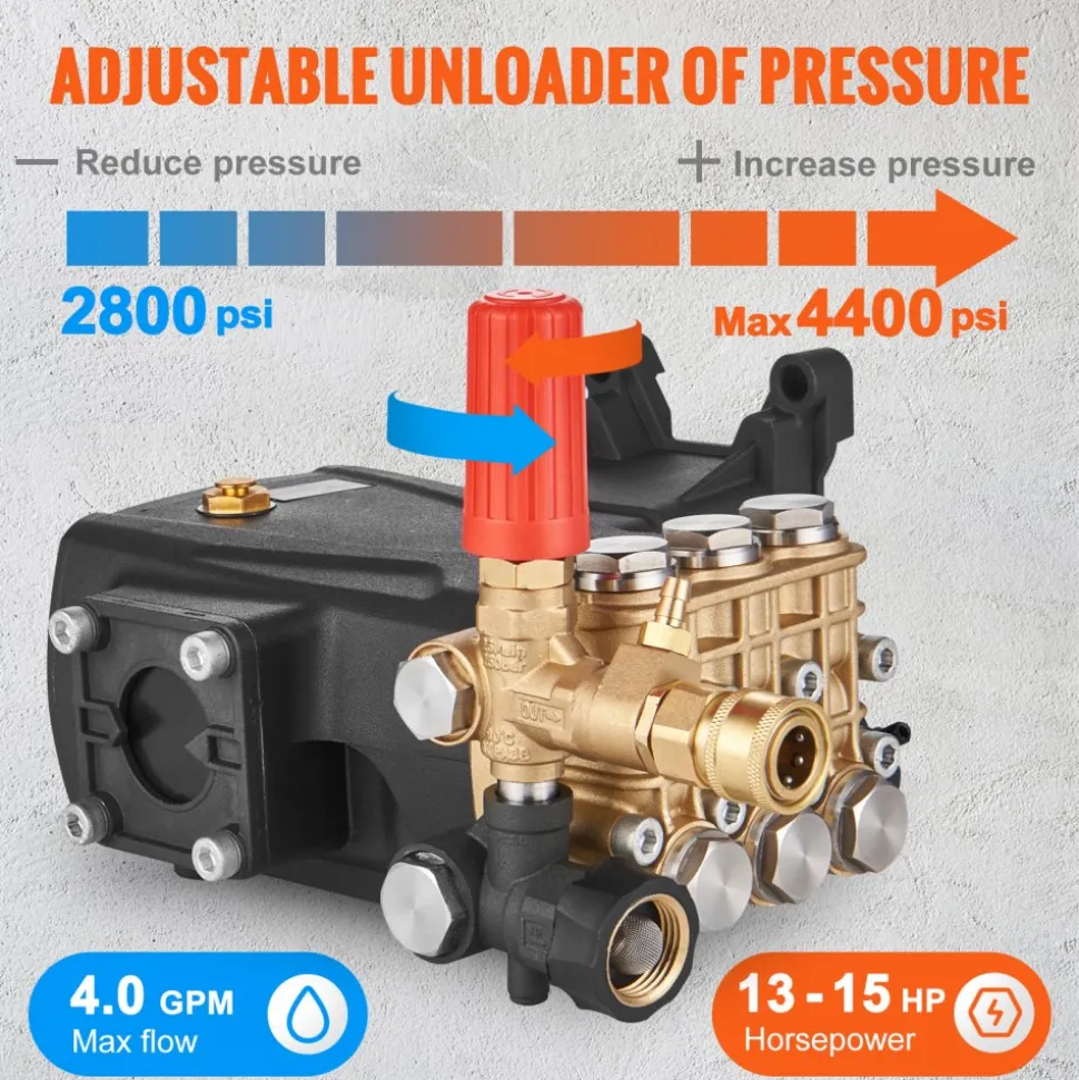VEVOR Pressure Washer Pump, 1" Shaft Horizontal Triplex Plunger, 4400 PSI, 4 GPM Flow, Replacement Power Washer Pumps Kit, Parts Washer Pump, Compatible with Simpson MorFlex Models 40224, 40225, 40226