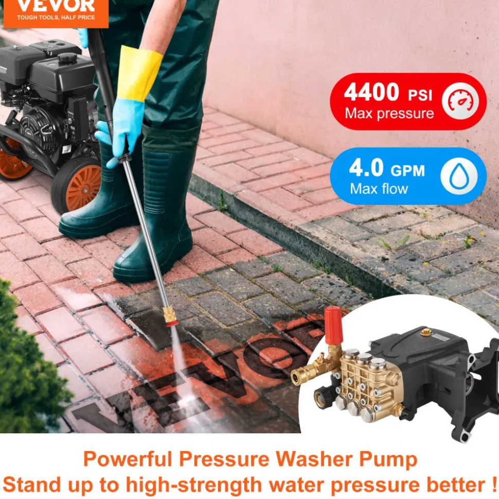 VEVOR Pressure Washer Pump, 1" Shaft Horizontal Triplex Plunger, 4400 PSI, 4 GPM Flow, Replacement Power Washer Pumps Kit, Parts Washer Pump, Compatible with Simpson MorFlex Models 40224, 40225, 40226