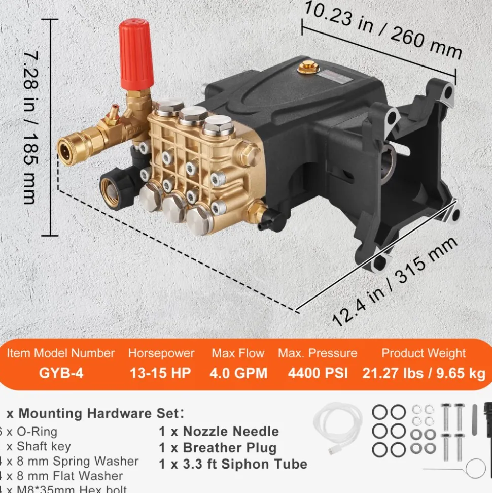 VEVOR Pressure Washer Pump, 1" Shaft Horizontal Triplex Plunger, 4400 PSI, 4 GPM Flow, Replacement Power Washer Pumps Kit, Parts Washer Pump, Compatible with Simpson MorFlex Models 40224, 40225, 40226