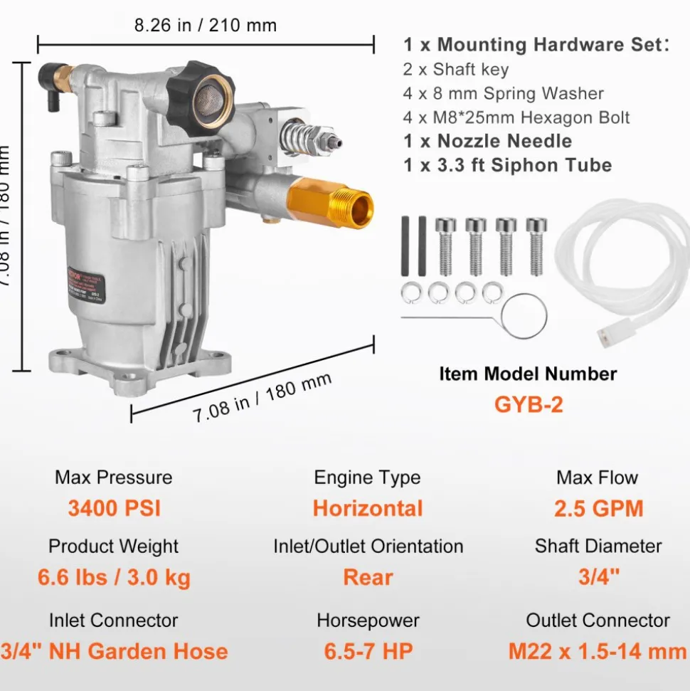 VEVOR Pressure Washer Pump, 3/4" Shaft Horizontal, 3400 PSI, 2.5 GPM, Replacement Power Washer Pumps Kit, Parts Washer Pump, Compatible with Honda, Simpson, RYOBI, Briggs & Stratton, Subaru, Craftsman