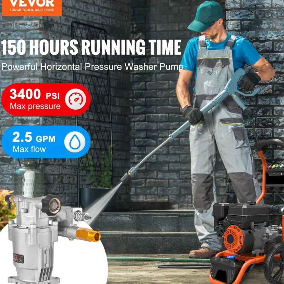 VEVOR Pressure Washer Pump, 3/4" Shaft Horizontal, 3400 PSI, 2.5 GPM, Replacement Power Washer Pumps Kit, Parts Washer Pump, Compatible with Honda, Simpson, RYOBI, Briggs & Stratton, Subaru, Craftsman