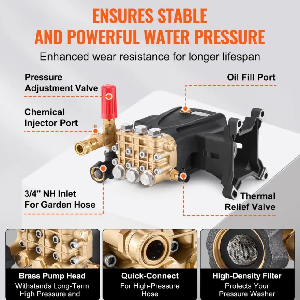 VEVOR Pressure Washer Pump, 1" Shaft Horizontal Triplex Plunger, 4200 PSI, 4.2GPM, Replacement Power Washer Pumps Kit with 5 Nozzles, Compatible with Simpson MorFlex 40224, 40225, 40226, Santoprene