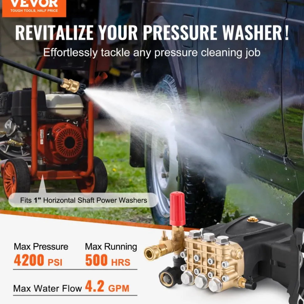 VEVOR Pressure Washer Pump, 1" Shaft Horizontal Triplex Plunger, 4200 PSI, 4.2GPM, Replacement Power Washer Pumps Kit with 5 Nozzles, Compatible with Simpson MorFlex 40224, 40225, 40226, Santoprene