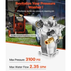 VEVOR Pressure Washer Pump, 3/4" Shaft Horizontal, 3100 PSI, 2.35 GPM, Replacement Power Washer Pumps Kit with Hardware and Siphon Tube, Compatible with Simpson, Honda, Troy-Bilt, Generac and Delta