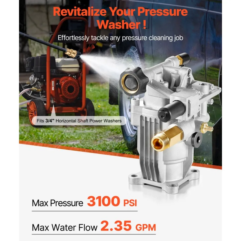 VEVOR Pressure Washer Pump, 3/4" Shaft Horizontal, 3100 PSI, 2.35 GPM, Replacement Power Washer Pumps Kit with Hardware and Siphon Tube, Compatible with Simpson, Honda, Troy-Bilt, Generac and Delta