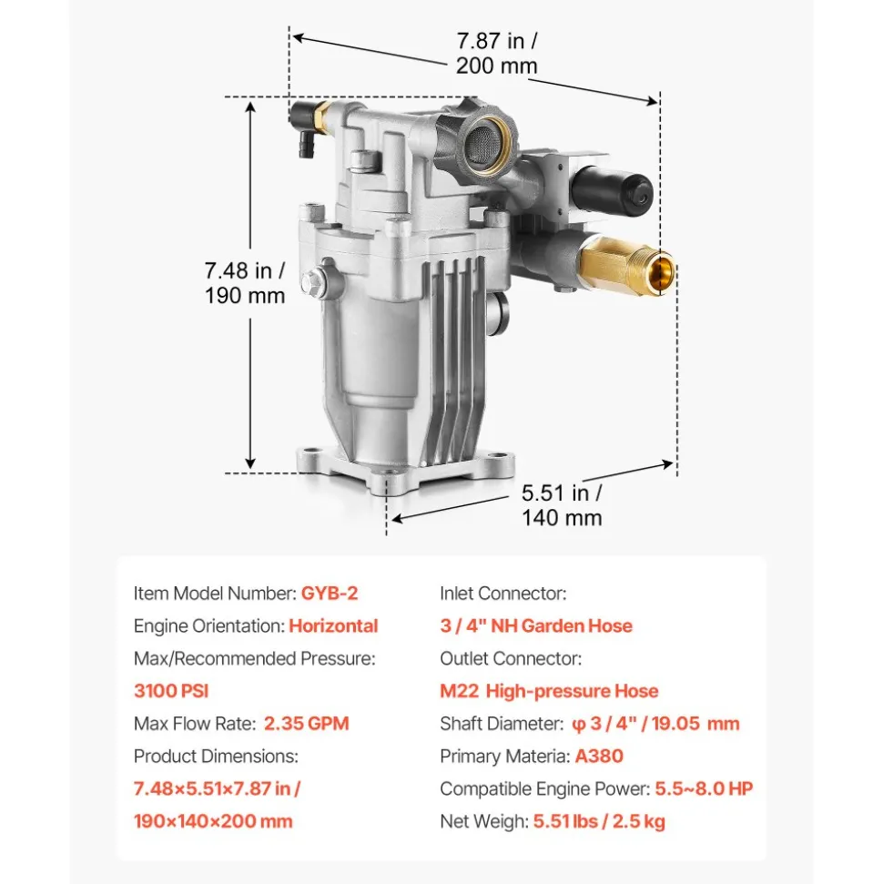 VEVOR Pressure Washer Pump, 3/4" Shaft Horizontal, 3100 PSI, 2.35 GPM, Replacement Power Washer Pumps Kit with Hardware and Siphon Tube, Compatible with Simpson, Honda, Troy-Bilt, Generac and Delta