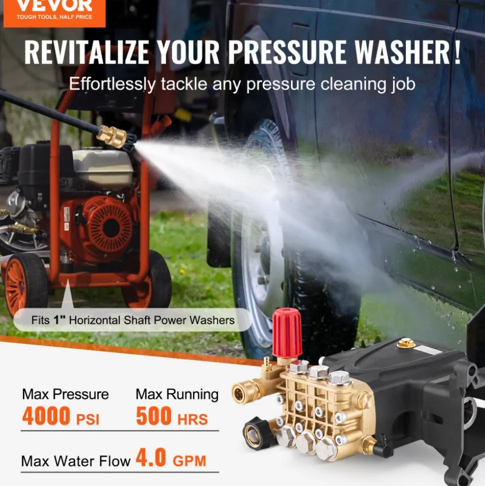VEVOR Pressure Washer Pump, 1" Shaft Horizontal Triplex Plunger, 4000 PSI, 4.0GPM, Replacement Power Washer Pumps Kit with Hardware, Compatible with Simpson MorFlex 40224, 40225, 40226, Santoprene
