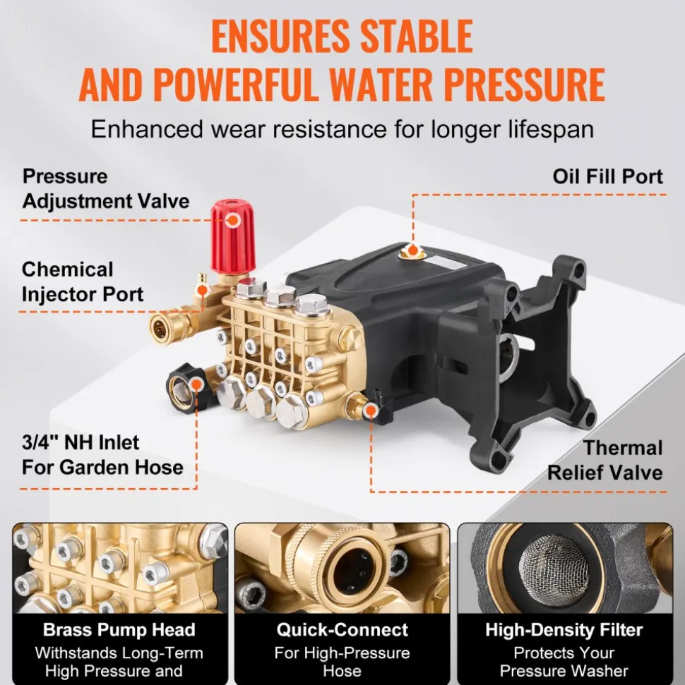 VEVOR Pressure Washer Pump, 1" Shaft Horizontal Triplex Plunger, 4000 PSI, 4.0GPM, Replacement Power Washer Pumps Kit with 5 Nozzles, Compatible with Simpson MorFlex 40224, 40225, 40226, Santoprene