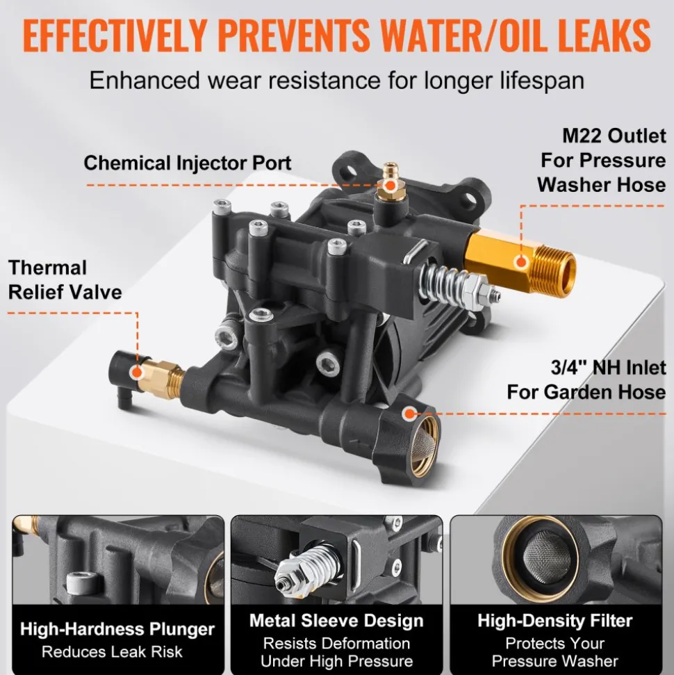 VEVOR Pressure Washer Pump, 3/4" Shaft Horizontal, 3500 PSI, 2.5GPM, Replacement Power Washer Pumps Kit with 5 Nozzles, Hardware and Siphon Tube, Compatible with Simpson, Honda, Troy-Bilt, Generac
