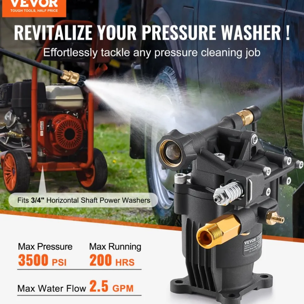 VEVOR Pressure Washer Pump, 3/4" Shaft Horizontal, 3500 PSI, 2.5GPM, Replacement Power Washer Pumps Kit with 5 Nozzles, Hardware and Siphon Tube, Compatible with Simpson, Honda, Troy-Bilt, Generac