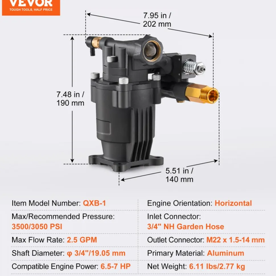 VEVOR Pressure Washer Pump, 3/4" Shaft Horizontal, 3500 PSI, 2.5GPM, Replacement Power Washer Pumps Kit with 5 Nozzles, Hardware and Siphon Tube, Compatible with Simpson, Honda, Troy-Bilt, Generac