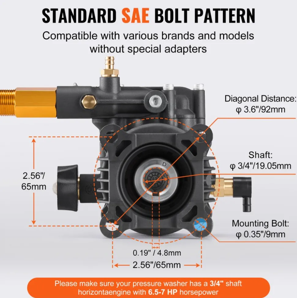 VEVOR Pressure Washer Pump, 3/4" Shaft Horizontal, 3500 PSI, 2.5GPM, Replacement Power Washer Pumps Kit with 5 Nozzles, Hardware and Siphon Tube, Compatible with Simpson, Honda, Troy-Bilt, Generac