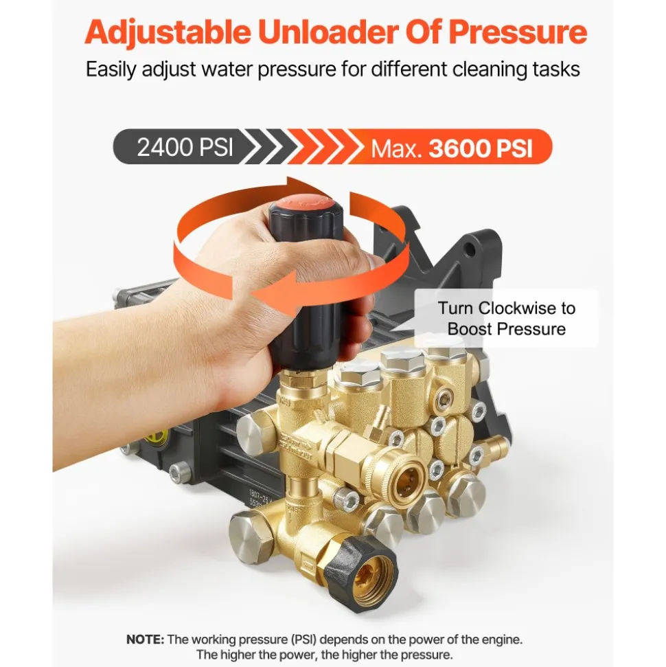 VEVOR Pressure Washer Pump, 1" Shaft Horizontal Triplex Plunger, 3600 PSI, 3.7 GPM, Replacement Power Washer Pumps Kit with Siphon Tube, Hardware, Compatible with Simpson MorFlex 40224, 40225, 40226