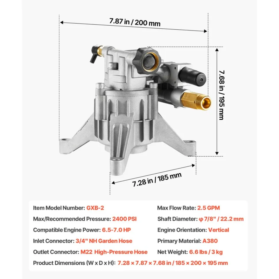 VEVOR Pressure Washer Pump, 7/8" Shaft Vertical, 2400 PSI, 2.5 GPM, Replacement Power Washer Pumps Kit with Hardware and Siphon Tube, Compatible with RYOBI, Honda, PowerStroke, Briggs and Stratton