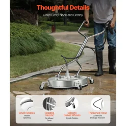 VEVOR 18" Pressure Washer Surface Cleaner, Stainless Steel Pressure Washer Attachments with 4 Wheels, 4000 Max PSI, 1/4 Quick Connector, 2 Spray Nozzles, 2 Extended Wands for Concrete, Patio, Deck